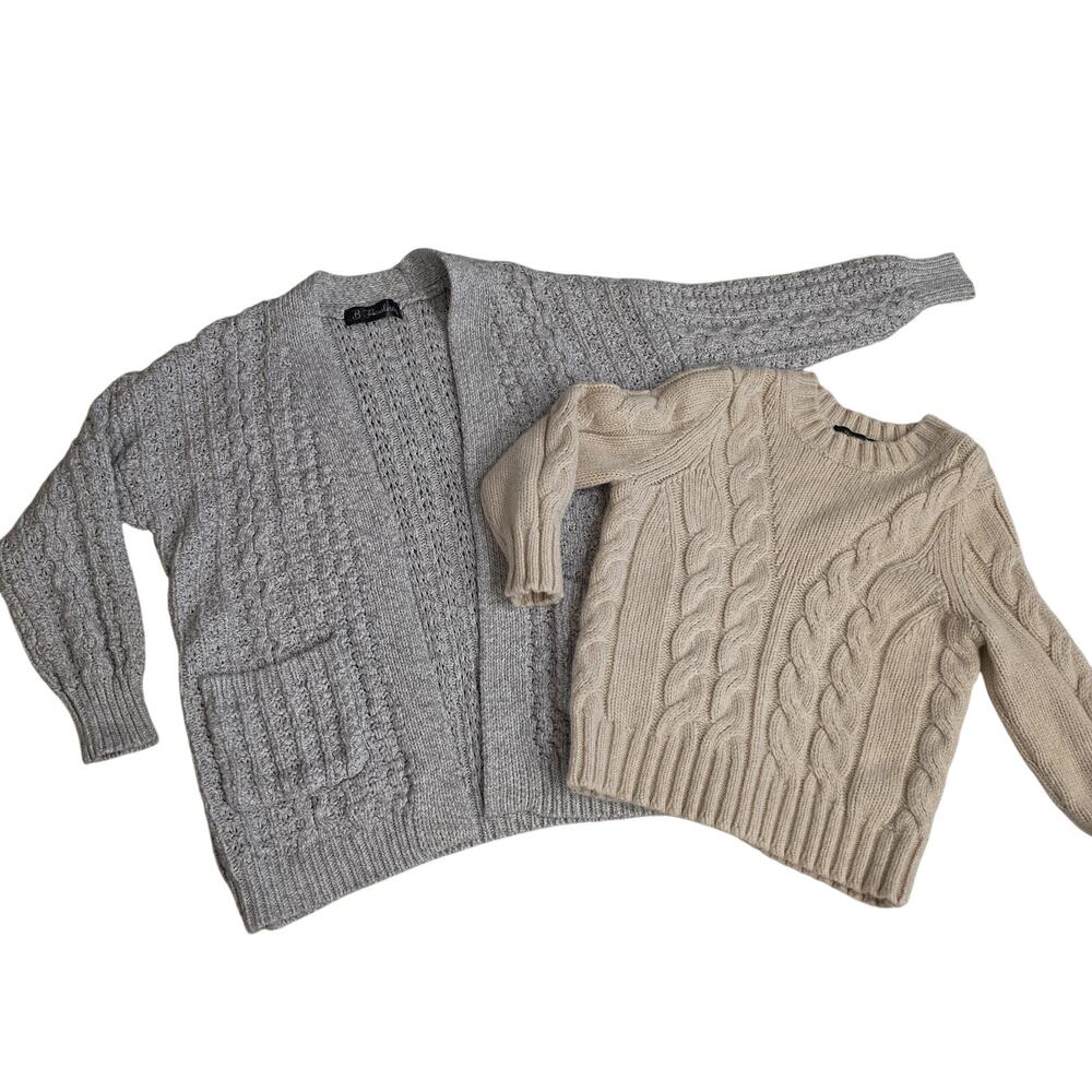 Ann Taylor B Flawless Sweater Lot XS SP Grey Cardigan Beige Wool Elbow